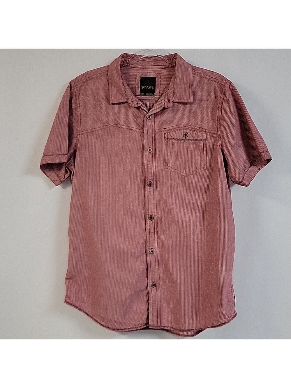 Prana Men's Short-Sleeved Button Down Shirt, Red, Organic Cotton, Size Large